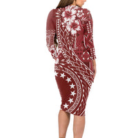 Kia Orana Cook Islands Long Sleeve Bodycon Dress Tiare and Stars - Scarlet LT7 - Polynesian Pride