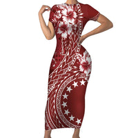 Kia Orana Cook Islands Short Sleeve Bodycon Dress Tiare and Stars - Scarlet LT7 Long Dress Red - Polynesian Pride