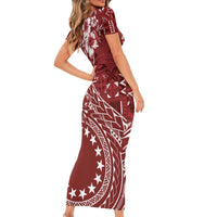 Kia Orana Cook Islands Short Sleeve Bodycon Dress Tiare and Stars - Scarlet LT7 - Polynesian Pride