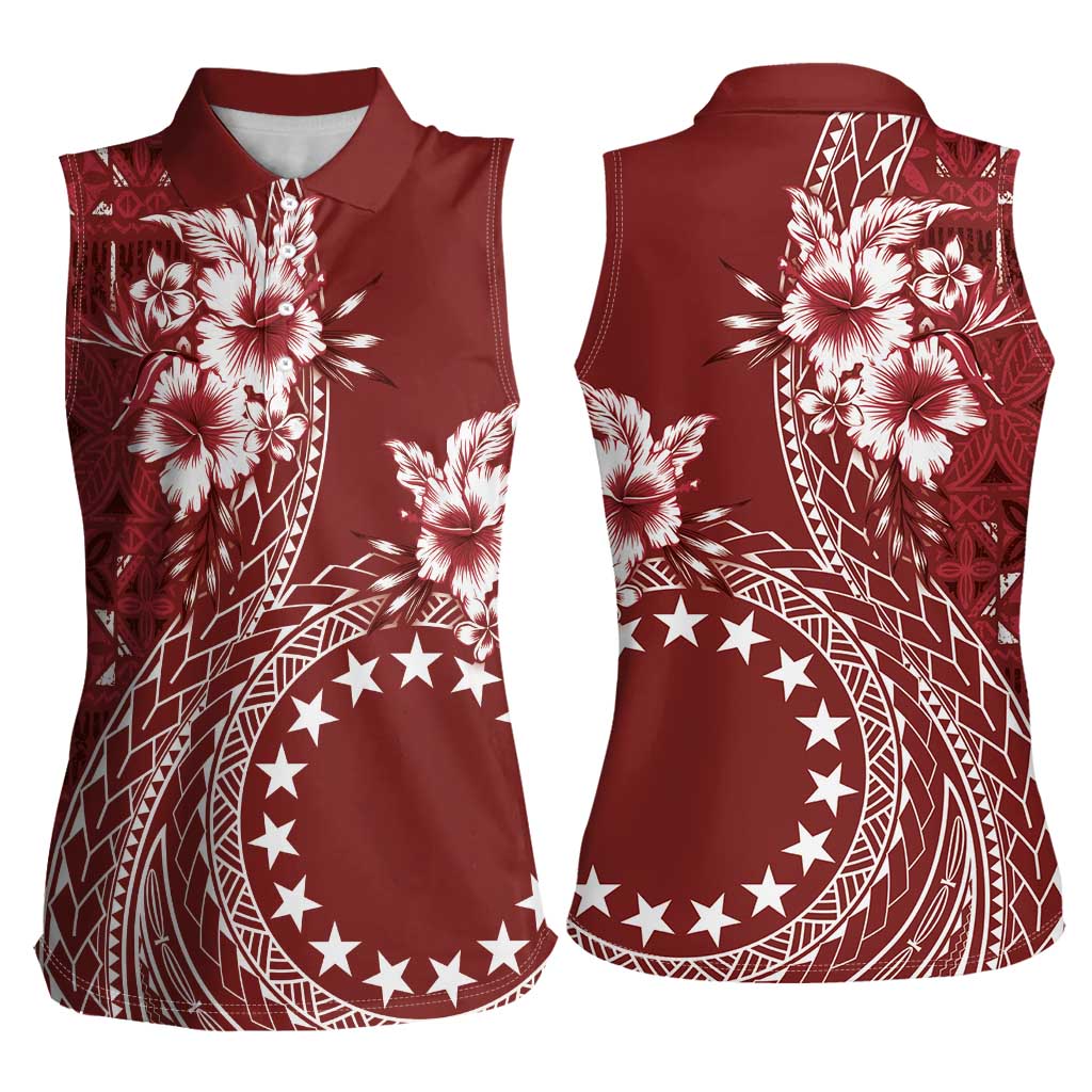 Kia Orana Cook Islands Women Sleeveless Polo Shirt Tiare and Stars - Scarlet LT7 - Polynesian Pride