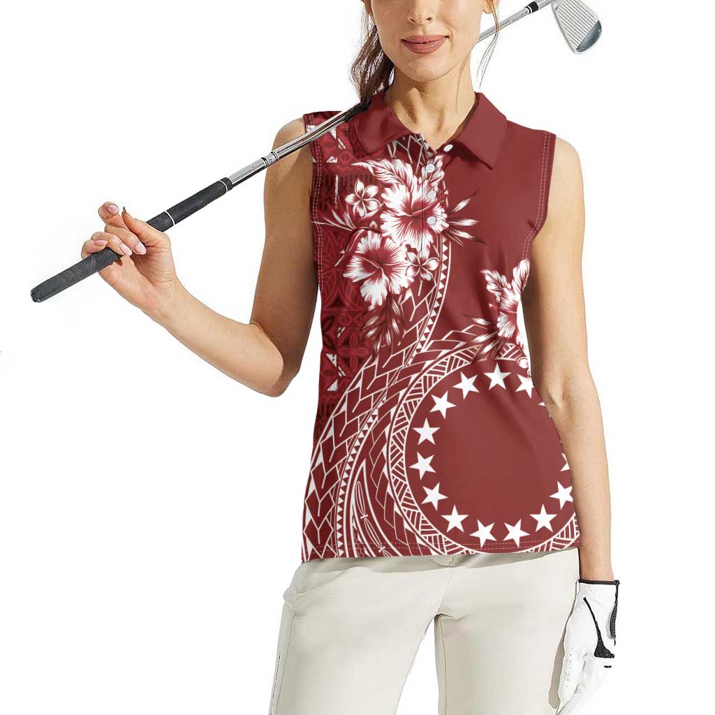 Kia Orana Cook Islands Women Sleeveless Polo Shirt Tiare and Stars - Scarlet LT7 - Polynesian Pride