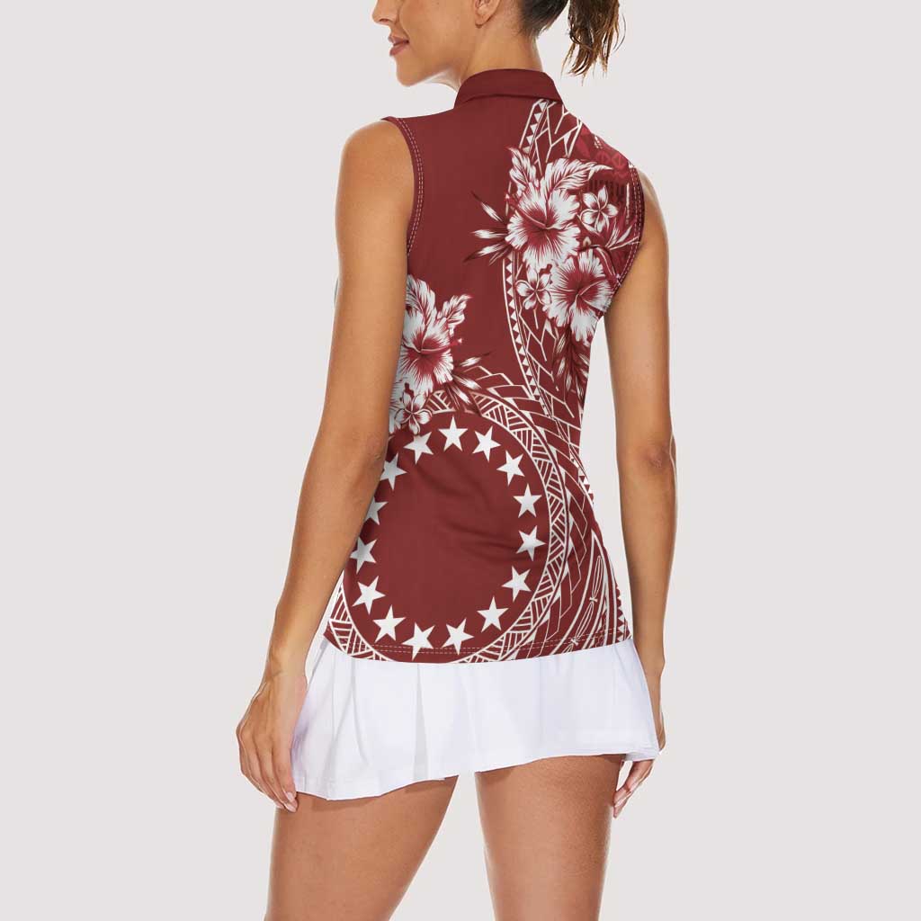 Kia Orana Cook Islands Women Sleeveless Polo Shirt Tiare and Stars - Scarlet LT7 - Polynesian Pride