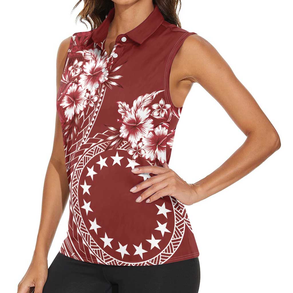 Kia Orana Cook Islands Women Sleeveless Polo Shirt Tiare and Stars - Scarlet LT7 - Polynesian Pride
