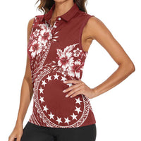Kia Orana Cook Islands Women Sleeveless Polo Shirt Tiare and Stars - Scarlet LT7 - Polynesian Pride