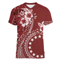 Kia Orana Cook Islands Women V-Neck T-Shirt Tiare and Stars - Scarlet LT7 Female Red - Polynesian Pride