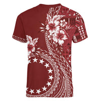 Kia Orana Cook Islands Women V-Neck T-Shirt Tiare and Stars - Scarlet LT7 - Polynesian Pride