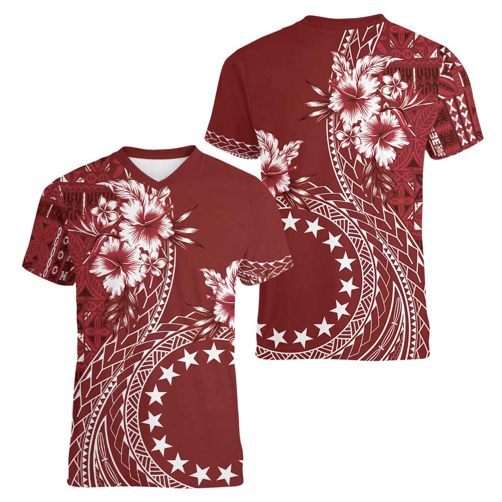 Kia Orana Cook Islands Women V-Neck T-Shirt Tiare and Stars - Scarlet LT7 - Polynesian Pride