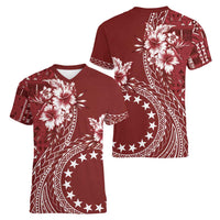 Kia Orana Cook Islands Women V-Neck T-Shirt Tiare and Stars - Scarlet LT7 - Polynesian Pride