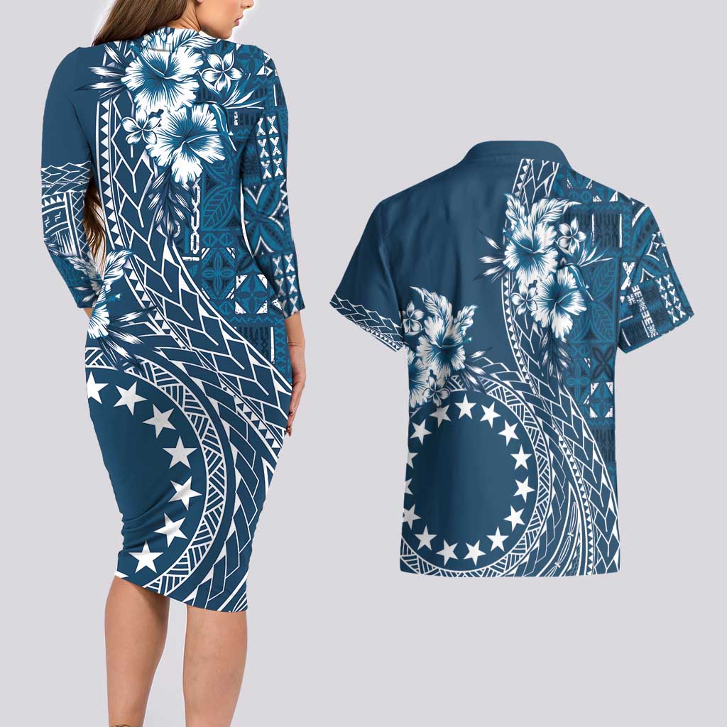 Kia Orana Cook Islands Couples Matching Long Sleeve Bodycon Dress and Hawaiian Shirt Tiare and Stars - Navy Blue LT7 - Polynesian Pride