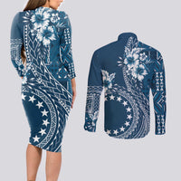Kia Orana Cook Islands Couples Matching Long Sleeve Bodycon Dress and Long Sleeve Button Shirt Tiare and Stars - Navy Blue LT7 - Polynesian Pride