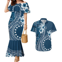 Kia Orana Cook Islands Couples Matching Mermaid Dress and Hawaiian Shirt Tiare and Stars - Navy Blue LT7 Navy Blue - Polynesian Pride