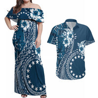 Kia Orana Cook Islands Couples Matching Off Shoulder Maxi Dress and Hawaiian Shirt Tiare and Stars - Navy Blue LT7 Navy Blue - Polynesian Pride