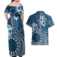 Kia Orana Cook Islands Couples Matching Off Shoulder Maxi Dress and Hawaiian Shirt Tiare and Stars - Navy Blue LT7 - Polynesian Pride