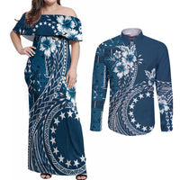 Kia Orana Cook Islands Couples Matching Off Shoulder Maxi Dress and Button Shirt - Tiare and Stars Navy Blue LT7 Navy Blue - Polynesian Pride