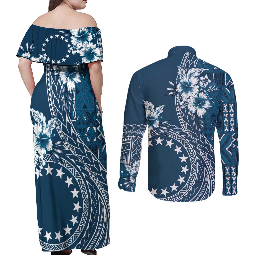 Kia Orana Cook Islands Couples Matching Off Shoulder Maxi Dress and Button Shirt - Tiare and Stars Navy Blue LT7 - Polynesian Pride