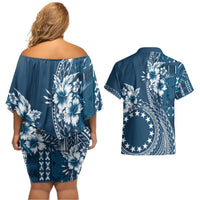 Kia Orana Cook Islands Couples Matching Off Shoulder Short Dress and Hawaiian Shirt Tiare and Stars - Navy Blue LT7 - Polynesian Pride
