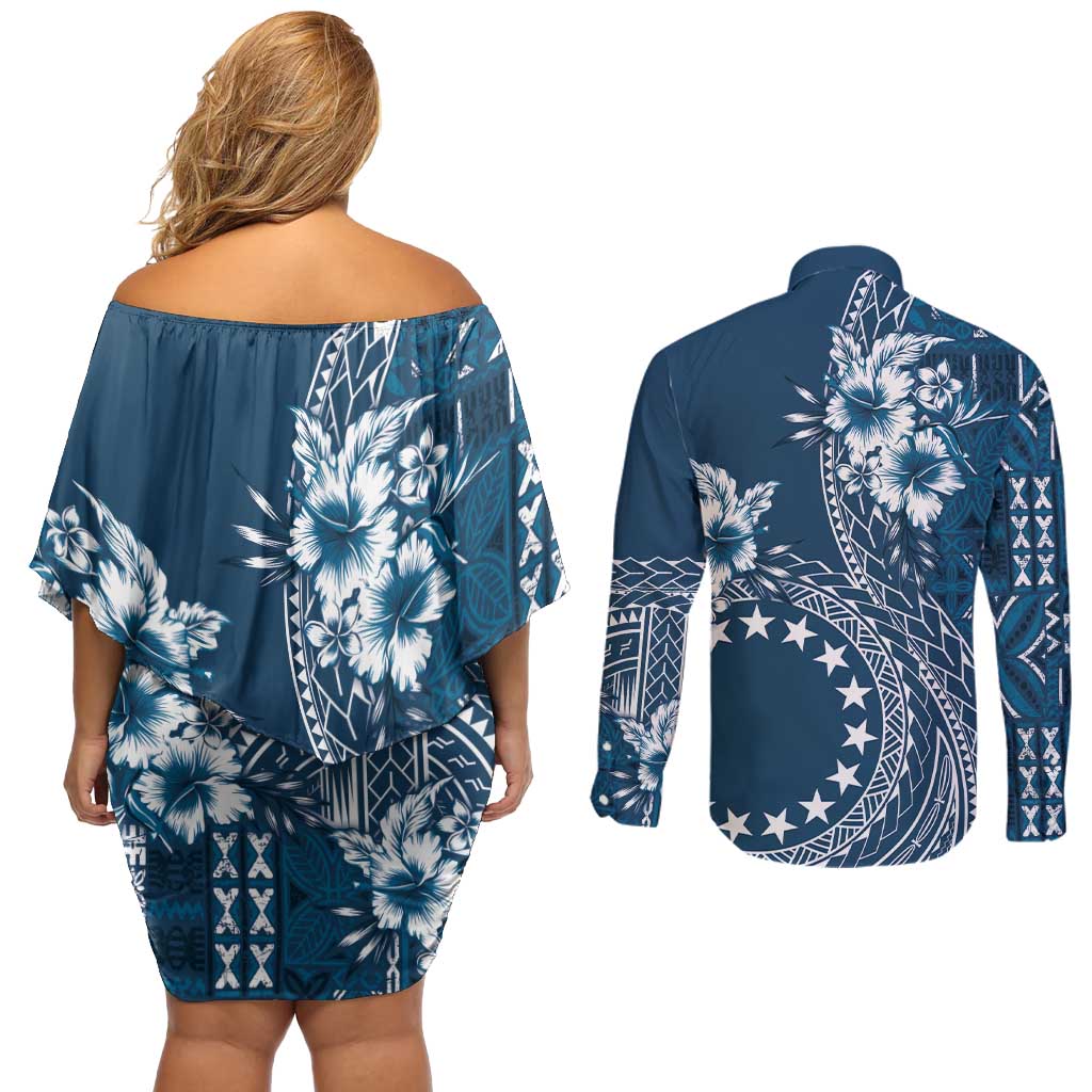 Kia Orana Cook Islands Couples Matching Off Shoulder Short Dress and Long Sleeve Button Shirt Tiare and Stars - Navy Blue LT7 - Polynesian Pride