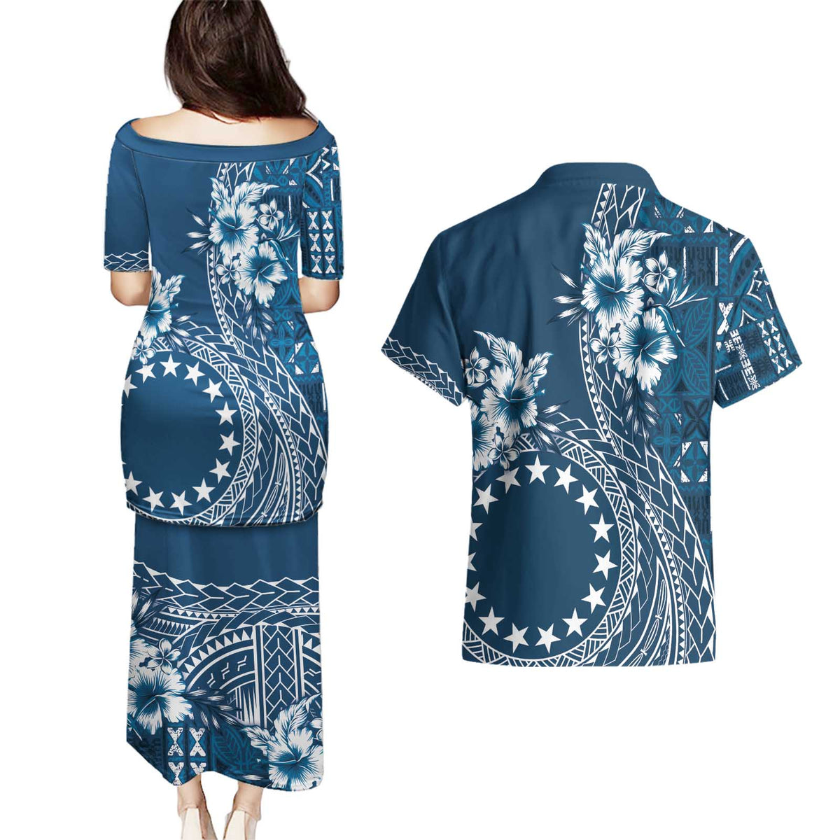Kia Orana Cook Islands Couples Matching Puletasi and Hawaiian Shirt Tiare and Stars - Navy Blue LT7 - Polynesian Pride