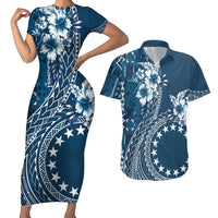 Kia Orana Cook Islands Couples Matching Short Sleeve Bodycon Dress and Hawaiian Shirt Tiare and Stars - Navy Blue LT7 Navy Blue - Polynesian Pride