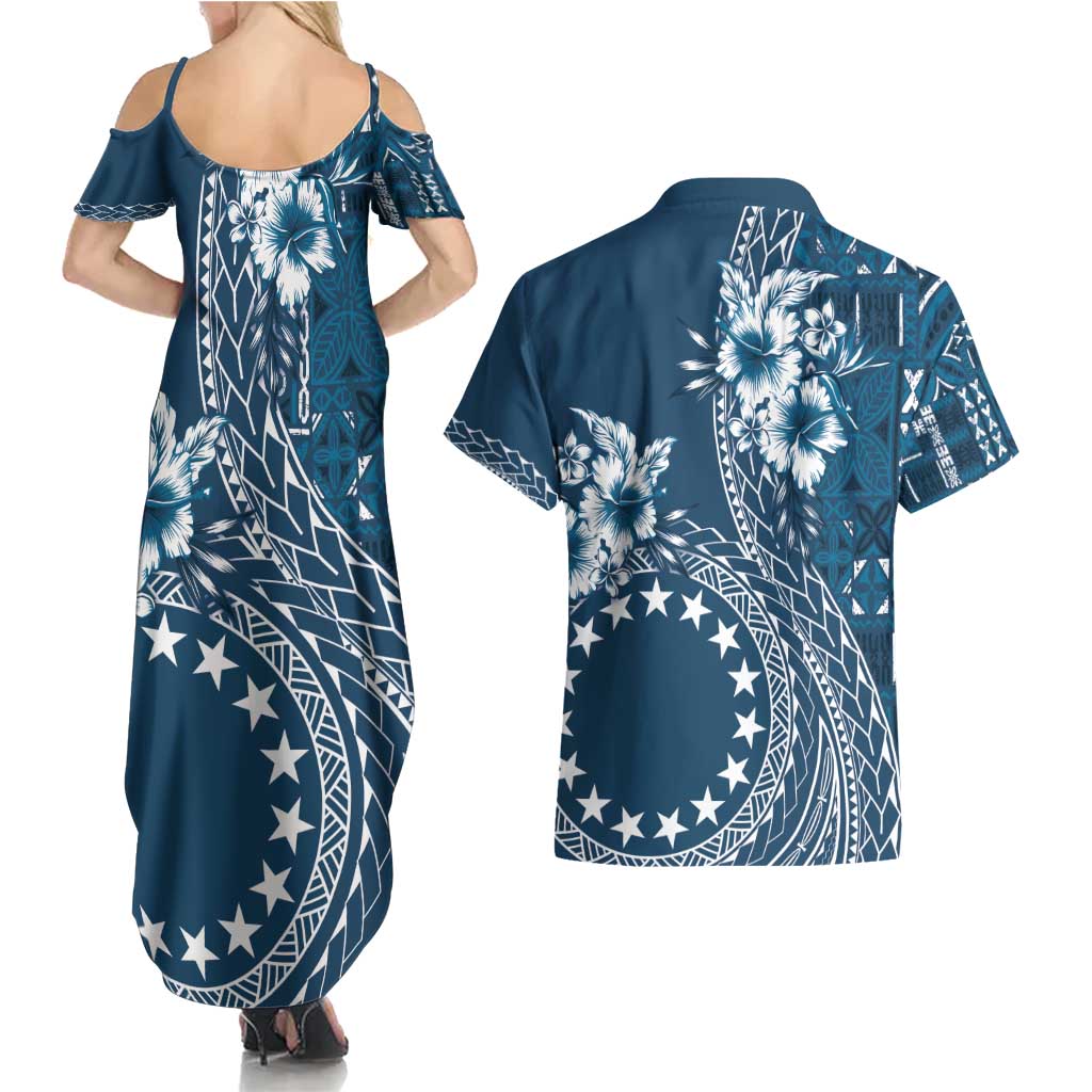 Kia Orana Cook Islands Couples Matching Summer Maxi Dress and Hawaiian Shirt Tiare and Stars - Navy Blue LT7 - Polynesian Pride