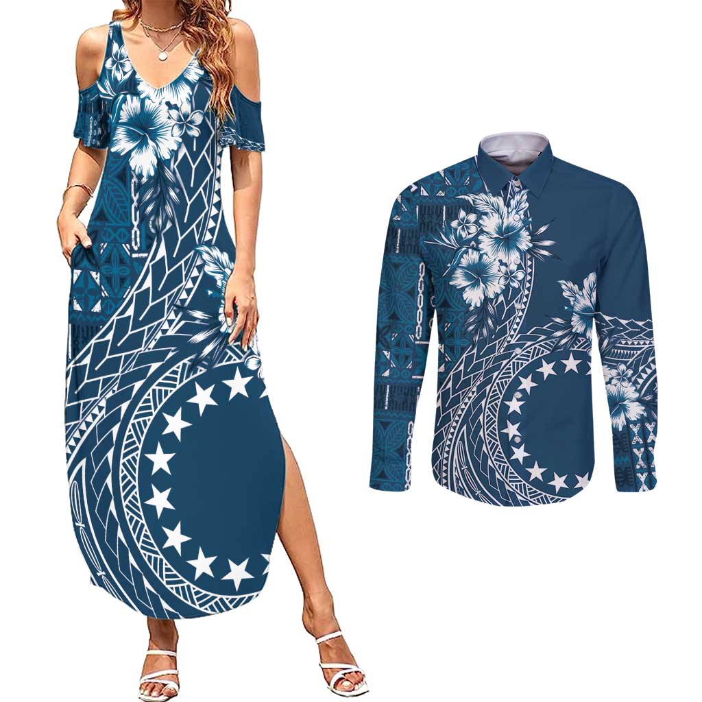 Kia Orana Cook Islands Couples Matching Summer Maxi Dress and Long Sleeve Button Shirt Tiare and Stars - Navy Blue LT7 Navy Blue - Polynesian Pride
