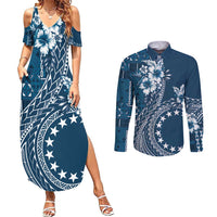 Kia Orana Cook Islands Couples Matching Summer Maxi Dress and Long Sleeve Button Shirt Tiare and Stars - Navy Blue LT7 Navy Blue - Polynesian Pride