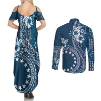 Kia Orana Cook Islands Couples Matching Summer Maxi Dress and Long Sleeve Button Shirt Tiare and Stars - Navy Blue LT7 - Polynesian Pride