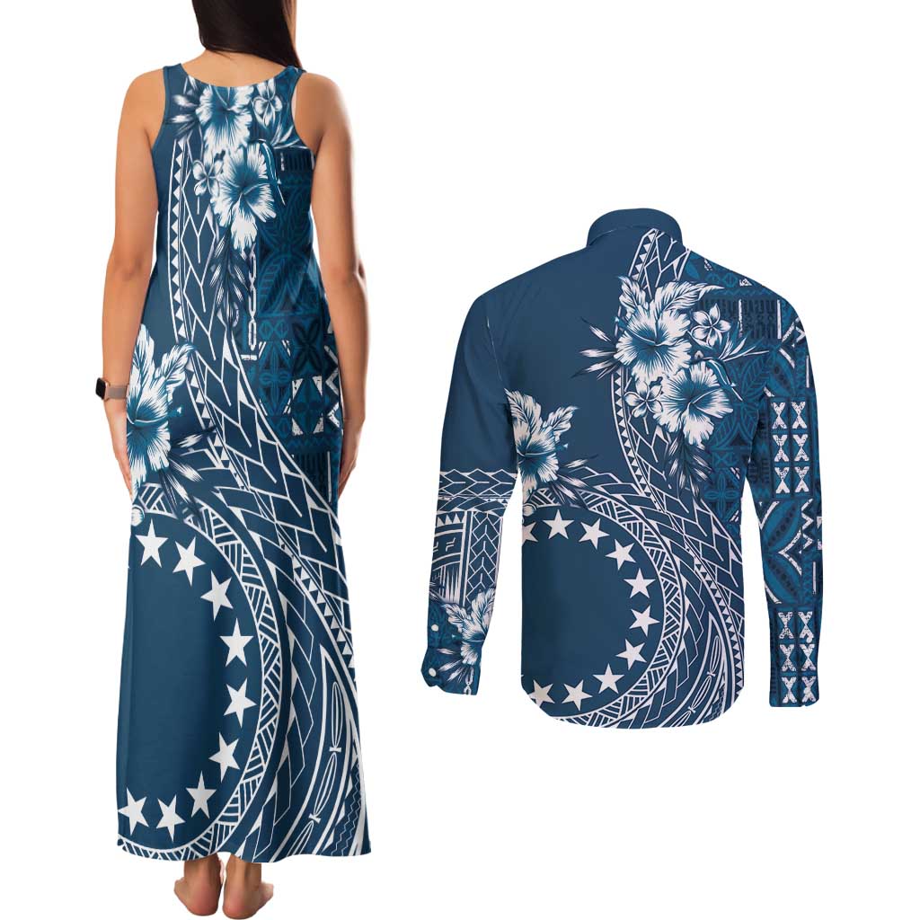 Kia Orana Cook Islands Couples Matching Tank Maxi Dress and Long Sleeve Button Shirt Tiare and Stars - Navy Blue LT7 - Polynesian Pride
