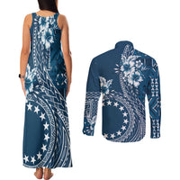 Kia Orana Cook Islands Couples Matching Tank Maxi Dress and Long Sleeve Button Shirt Tiare and Stars - Navy Blue LT7 - Polynesian Pride
