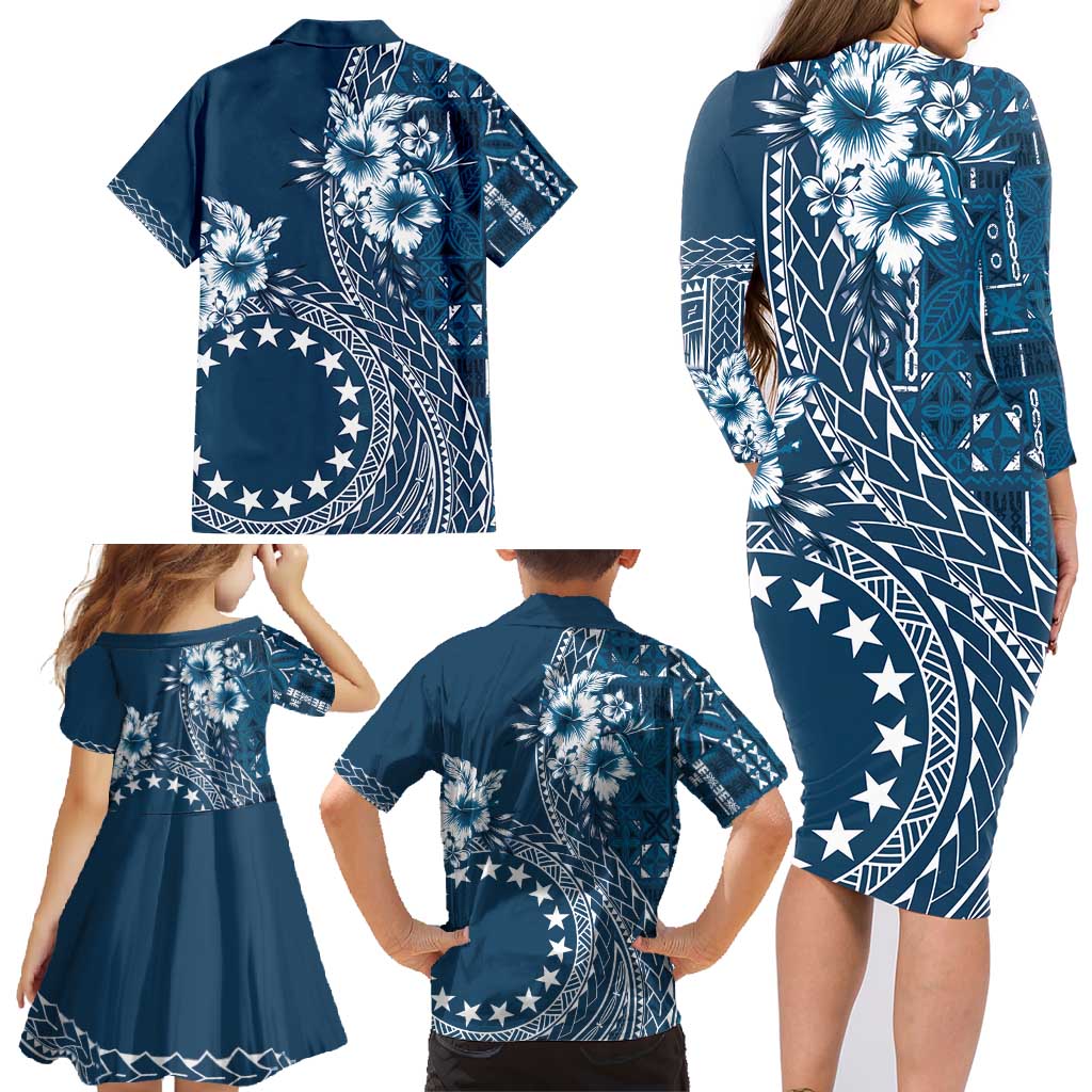 Kia Orana Cook Islands Family Matching Long Sleeve Bodycon Dress and Hawaiian Shirt Tiare and Stars - Navy Blue LT7 - Polynesian Pride