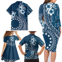 Kia Orana Cook Islands Family Matching Long Sleeve Bodycon Dress and Hawaiian Shirt Tiare and Stars - Navy Blue LT7 - Polynesian Pride