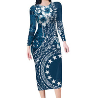 Kia Orana Cook Islands Family Matching Long Sleeve Bodycon Dress and Hawaiian Shirt Tiare and Stars - Navy Blue LT7 Mom's Dress Navy Blue - Polynesian Pride