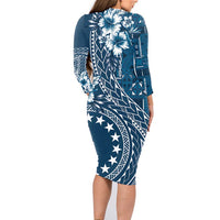 Kia Orana Cook Islands Family Matching Long Sleeve Bodycon Dress and Hawaiian Shirt Tiare and Stars - Navy Blue LT7 - Polynesian Pride