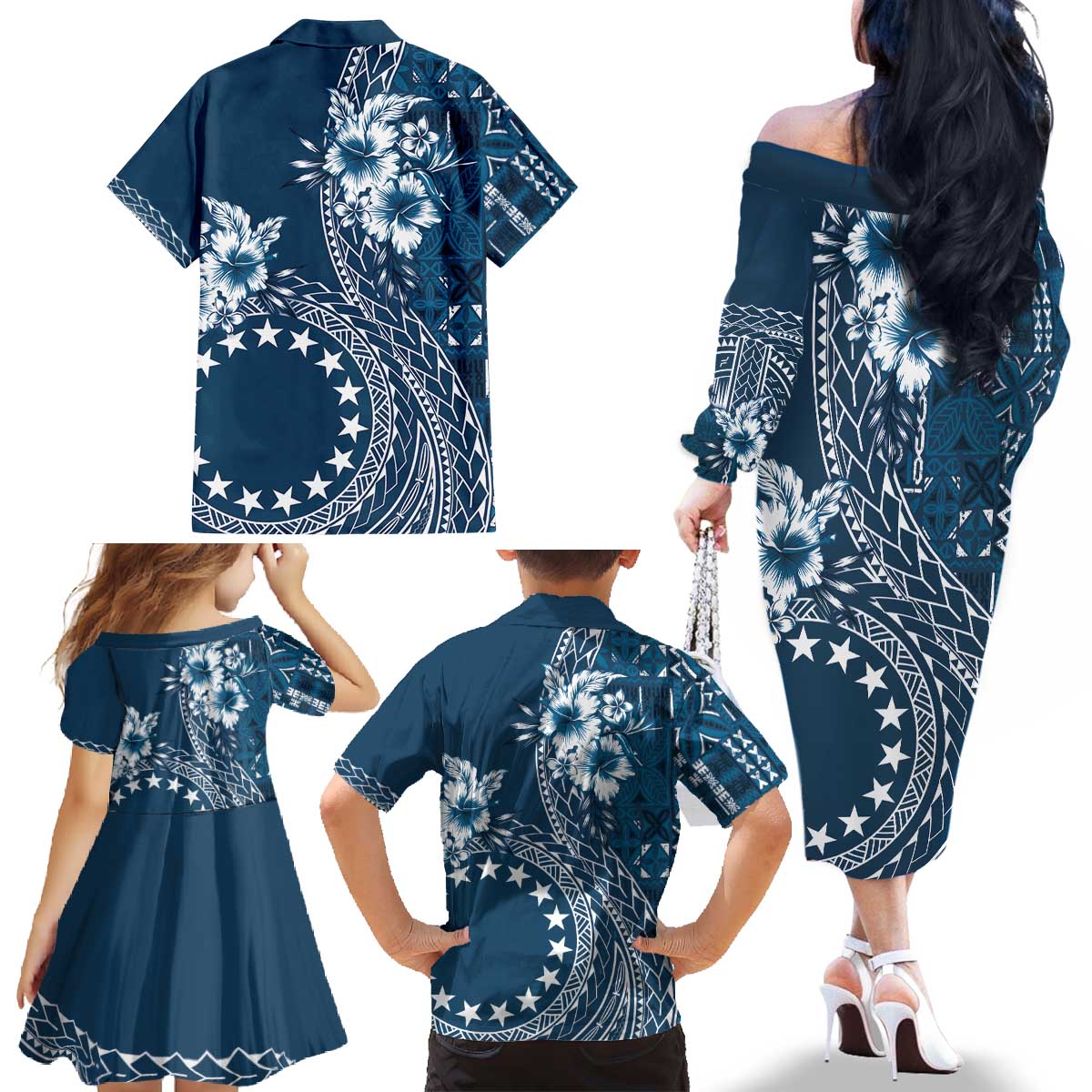 Kia Orana Cook Islands Family Matching Off The Shoulder Long Sleeve Dress and Hawaiian Shirt Tiare and Stars - Navy Blue LT7 - Polynesian Pride