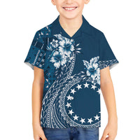 Kia Orana Cook Islands Family Matching Off The Shoulder Long Sleeve Dress and Hawaiian Shirt Tiare and Stars - Navy Blue LT7 Son's Shirt Navy Blue - Polynesian Pride