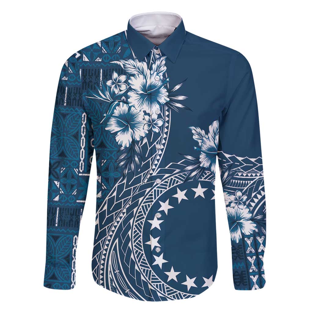 Kia Orana Cook Islands Family Matching Off Shoulder Maxi Dress and Hawaiian Shirt Tiare and Stars - Navy Blue LT7 Dad's Shirt - Long Sleeve Navy Blue - Polynesian Pride