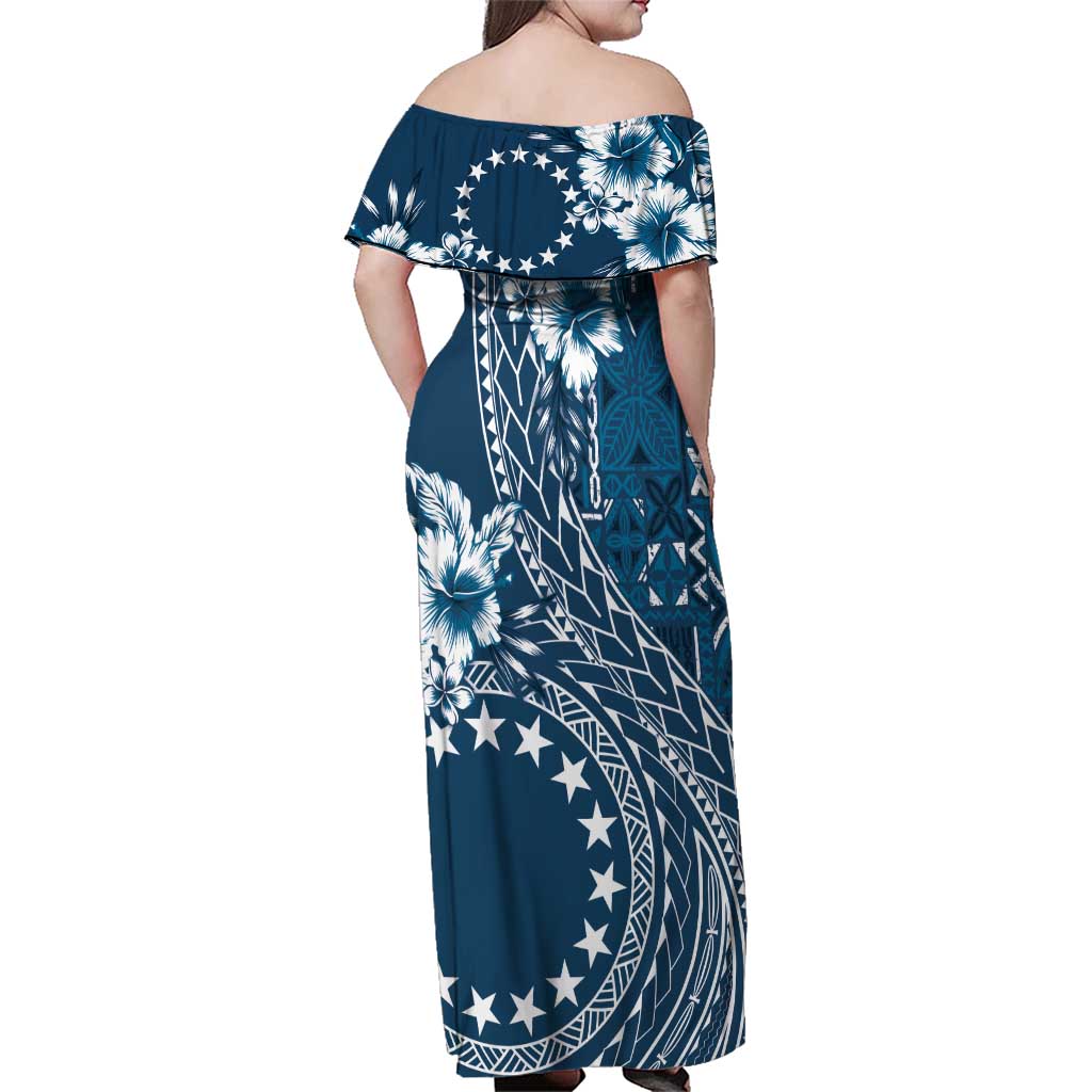 Kia Orana Cook Islands Family Matching Off Shoulder Maxi Dress and Hawaiian Shirt Tiare and Stars - Navy Blue LT7 - Polynesian Pride