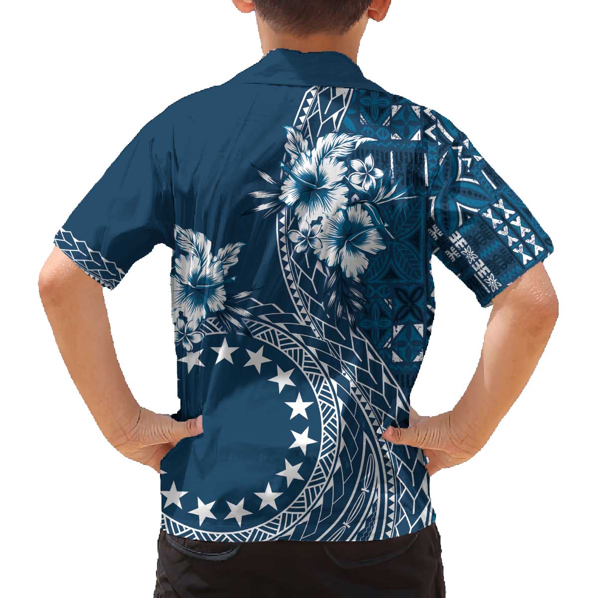 Kia Orana Cook Islands Family Matching Off Shoulder Short Dress and Hawaiian Shirt Tiare and Stars - Navy Blue LT7 - Polynesian Pride