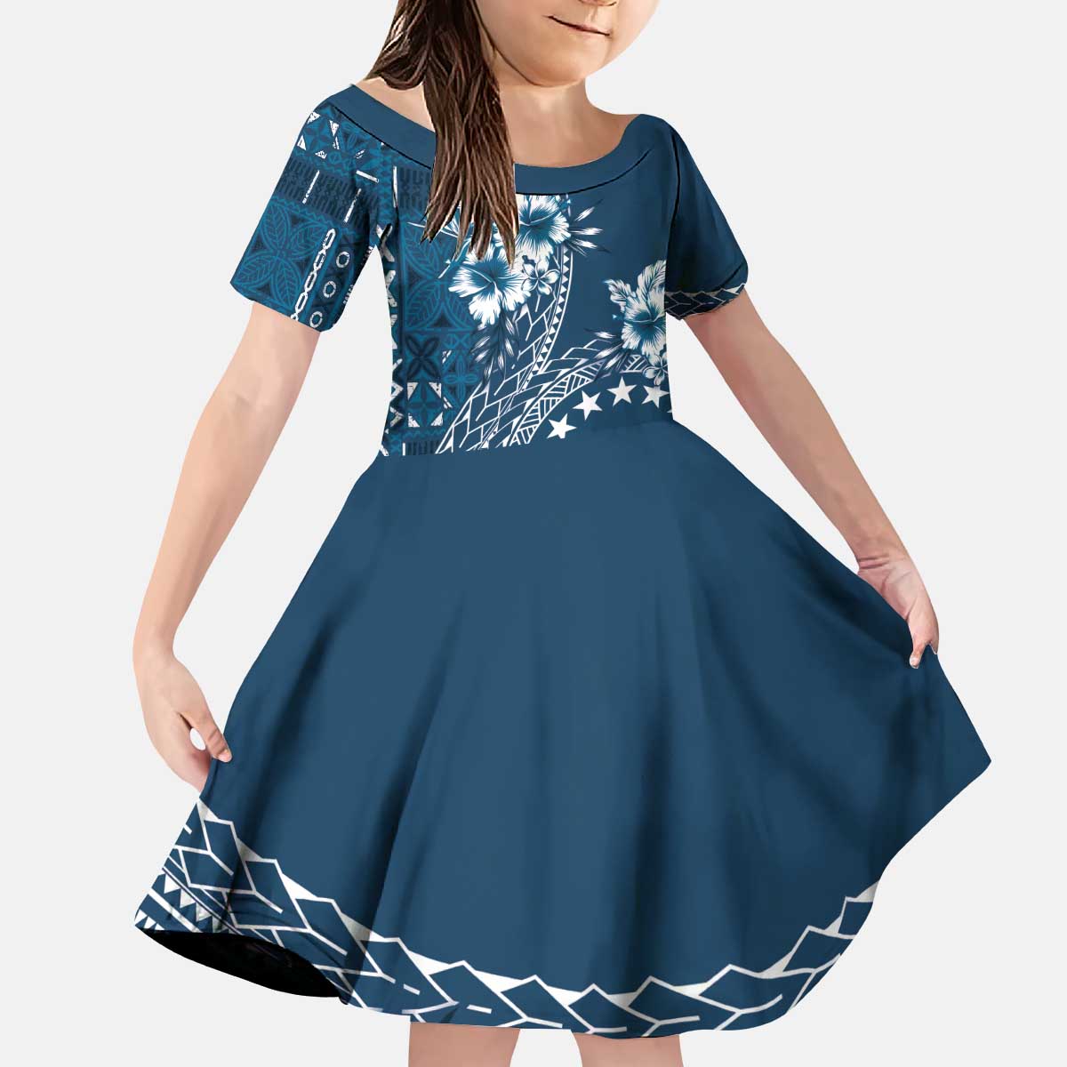 Kia Orana Cook Islands Family Matching Puletasi and Hawaiian Shirt Tiare and Stars - Navy Blue LT7 Daughter's Dress Navy Blue - Polynesian Pride