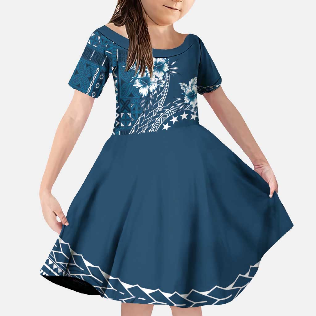 Kia Orana Cook Islands Family Matching Short Sleeve Bodycon Dress and Hawaiian Shirt Tiare and Stars - Navy Blue LT7 Daughter's Dress Navy Blue - Polynesian Pride