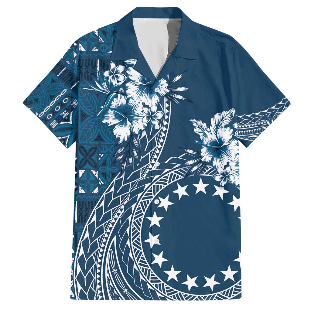 Kia Orana Cook Islands Family Matching Short Sleeve Bodycon Dress and Hawaiian Shirt Tiare and Stars - Navy Blue LT7 Dad's Shirt - Short Sleeve Navy Blue - Polynesian Pride