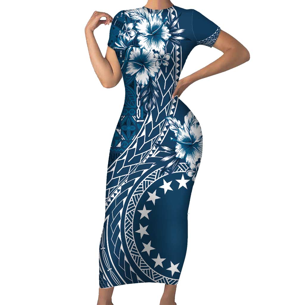 Kia Orana Cook Islands Family Matching Short Sleeve Bodycon Dress and Hawaiian Shirt Tiare and Stars - Navy Blue LT7 Mom's Dress Navy Blue - Polynesian Pride