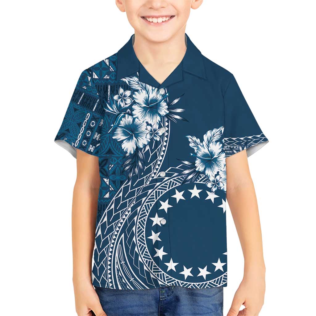 Kia Orana Cook Islands Family Matching Summer Maxi Dress and Hawaiian Shirt Tiare and Stars - Navy Blue LT7 Son's Shirt Navy Blue - Polynesian Pride