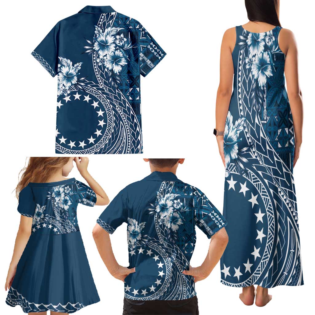 Kia Orana Cook Islands Family Matching Tank Maxi Dress and Hawaiian Shirt Tiare and Stars - Navy Blue LT7 - Polynesian Pride
