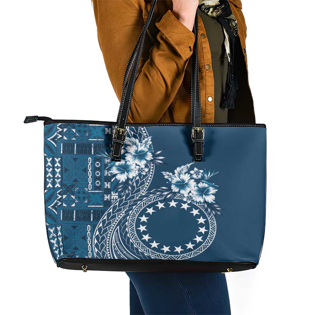 Kia Orana Cook Islands Leather Tote Bag Tiare and Stars - Navy Blue LT7 - Polynesian Pride