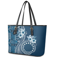 Kia Orana Cook Islands Leather Tote Bag Tiare and Stars - Navy Blue LT7 - Polynesian Pride