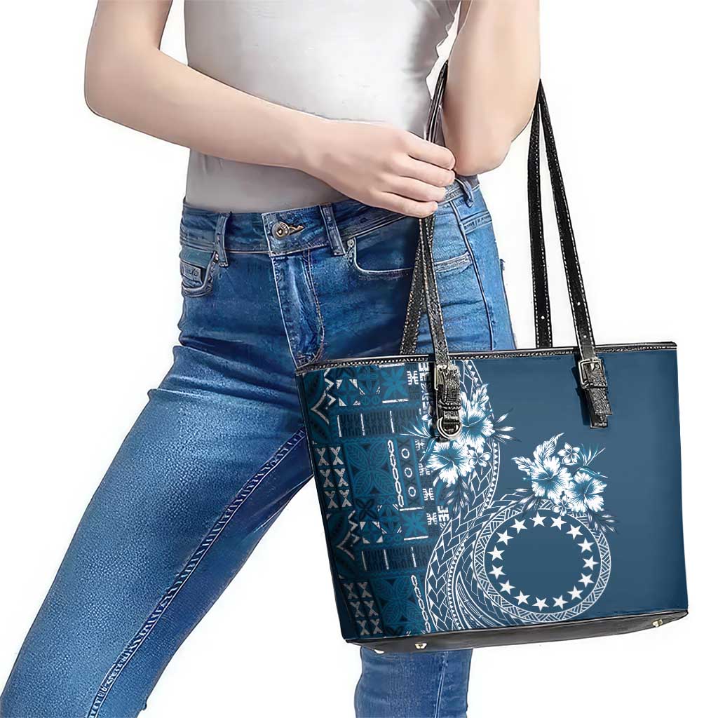 Kia Orana Cook Islands Leather Tote Bag Tiare and Stars - Navy Blue LT7 - Polynesian Pride