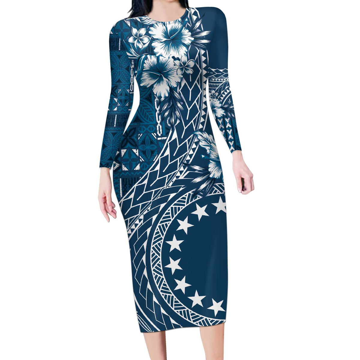 Kia Orana Cook Islands Long Sleeve Bodycon Dress Tiare and Stars - Navy Blue LT7 Long Dress Navy Blue - Polynesian Pride