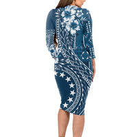 Kia Orana Cook Islands Long Sleeve Bodycon Dress Tiare and Stars - Navy Blue LT7 - Polynesian Pride