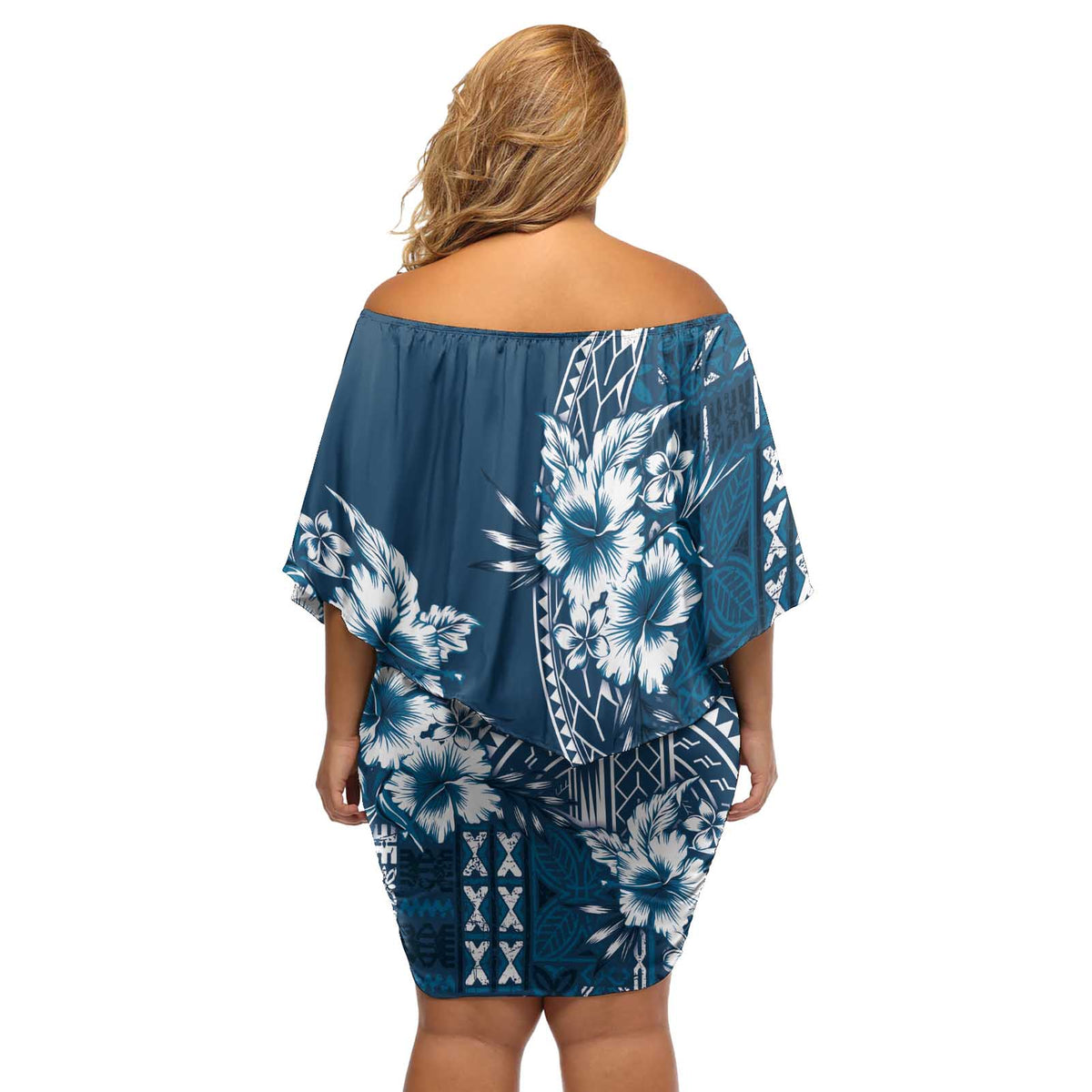 Kia Orana Cook Islands Off Shoulder Short Dress Tiare and Stars - Navy Blue
